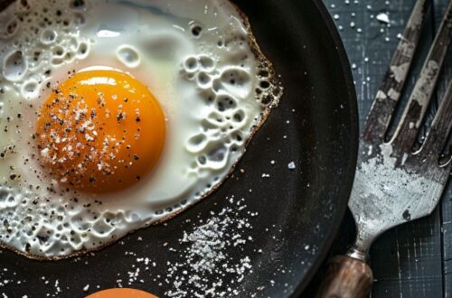 A vibrant photo showing a frying pan with a perfectly fried egg, with a set, firm white and partially runny yolk, and a spatula nearby. The background is a dark, black wooden texture surface. This image demonstrates egg frying techniques.