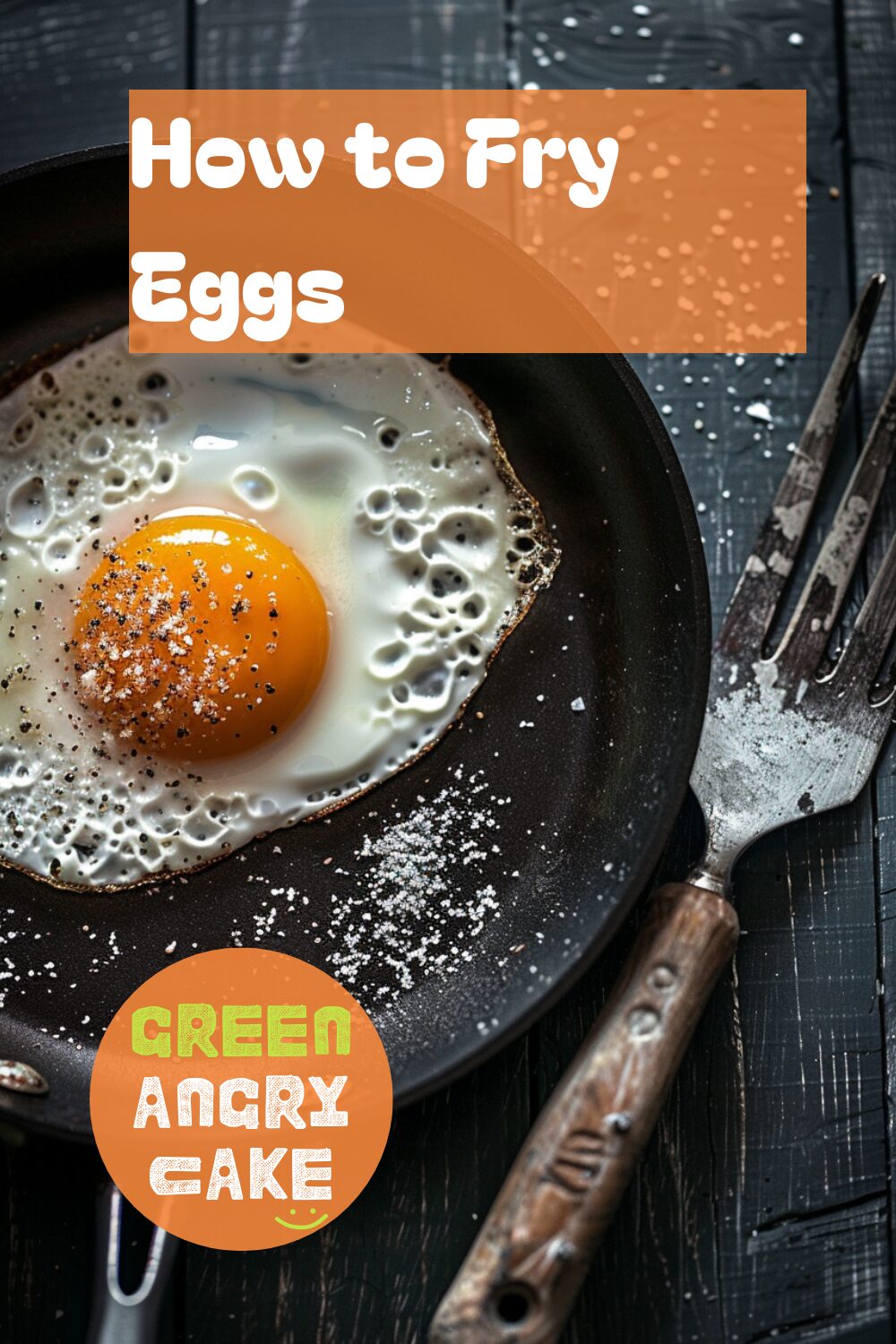 A vibrant photo showing a frying pan with a perfectly fried egg, with a set, firm white and partially runny yolk, and a spatula nearby. The background is a dark, black wooden texture surface. This image demonstrates egg frying techniques.