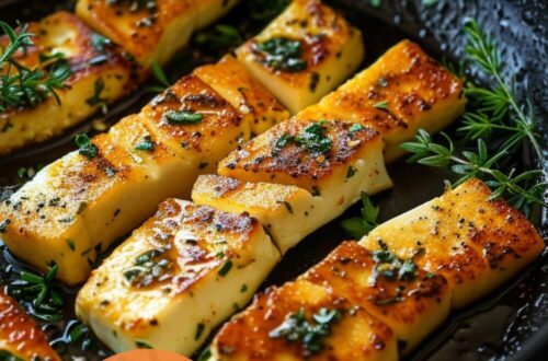 A vibrant photo showing a frying pan with perfectly cooked halloumi slices, golden and crispy, arranged in a single layer. The background is a dark, black wooden texture surface. This image demonstrates halloumi cooking techniques.