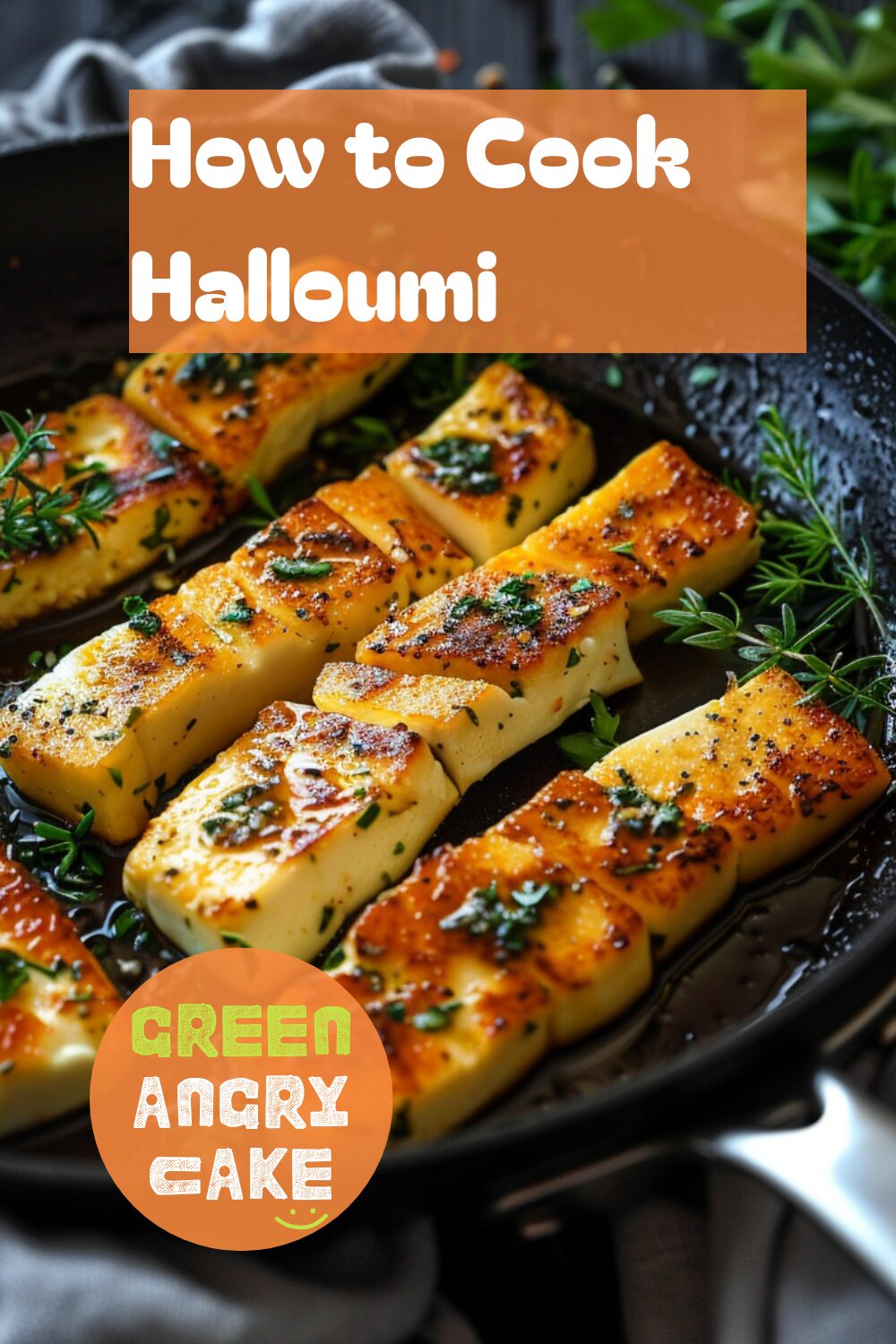 A vibrant photo showing a frying pan with perfectly cooked halloumi slices, golden and crispy, arranged in a single layer. The background is a dark, black wooden texture surface. This image demonstrates halloumi cooking techniques.