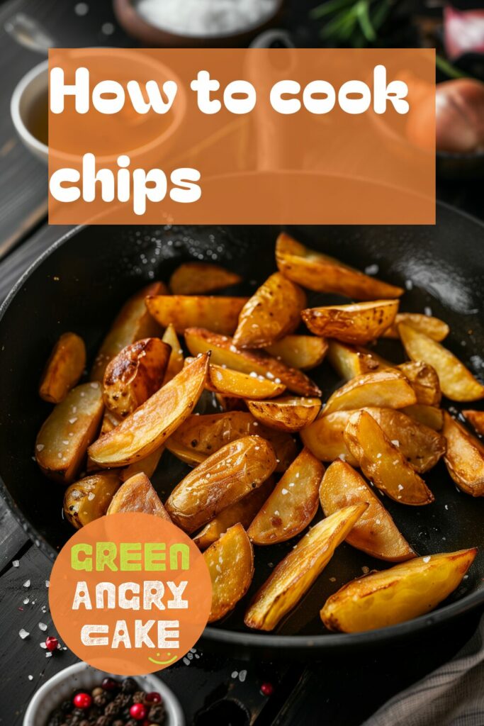 A vibrant photo showing golden, crispy chips on a plate, served with a side of dipping sauce. The background is a dark, black wooden texture surface. This image demonstrates chips preparation techniques.