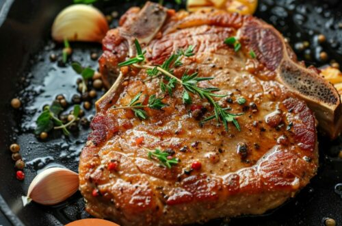 A vibrant photo showing a frying pan with a perfectly cooked pork chop, golden brown and juicy, with a clove of garlic and some herbs in the pan. The background is a dark, black wooden texture surface. This image demonstrates pork chop cooking techniques.