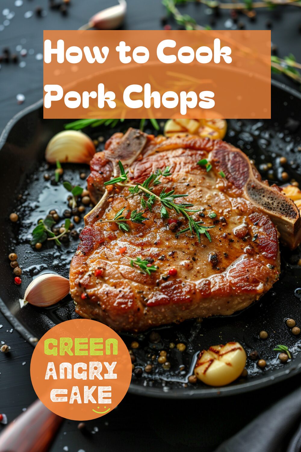 A vibrant photo showing a frying pan with a perfectly cooked pork chop, golden brown and juicy, with a clove of garlic and some herbs in the pan. The background is a dark, black wooden texture surface. This image demonstrates pork chop cooking techniques.