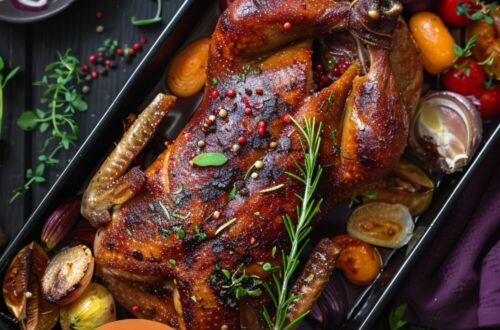 A vibrant photo showing a roasting tray with a perfectly roasted duck, golden brown and crispy, with herbs and vegetables around it. The background is a dark, black wooden texture surface. This image demonstrates duck roasting techniques.