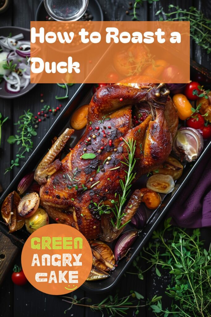 A vibrant photo showing a roasting tray with a perfectly roasted duck, golden brown and crispy, with herbs and vegetables around it. The background is a dark, black wooden texture surface. This image demonstrates duck roasting techniques.