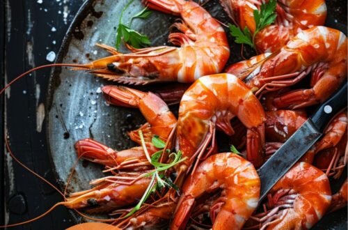 A vibrant photo showing a plate with perfectly peeled prawns, some prawns still in their shells, and a sharp knife nearby. The background is a dark, black wooden texture surface. This image demonstrates prawn peeling techniques.