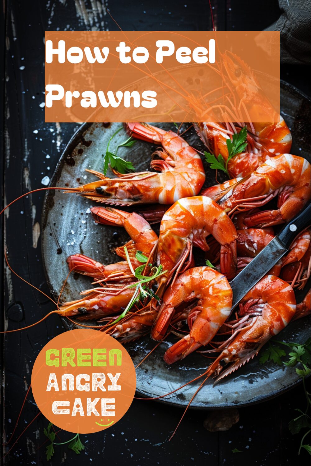 A vibrant photo showing a plate with perfectly peeled prawns, some prawns still in their shells, and a sharp knife nearby. The background is a dark, black wooden texture surface. This image demonstrates prawn peeling techniques.