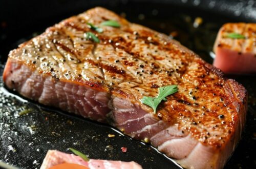 A vibrant photo showing a non-stick frying pan with a perfectly cooked tuna steak, golden brown on the outside and slightly pink in the middle, with a fish slice nearby. The background is a dark, black wooden texture surface. This image demonstrates tuna steak cooking techniques.