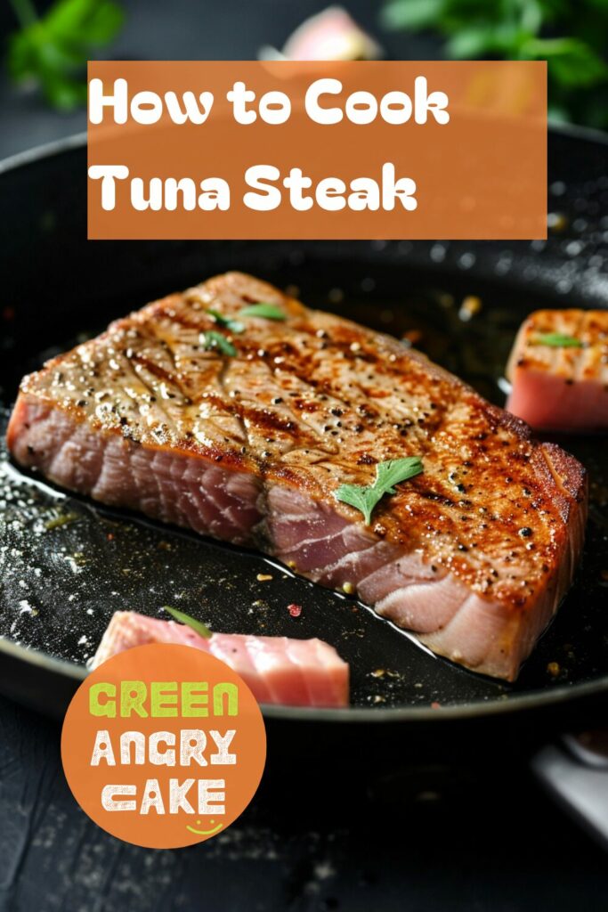 A vibrant photo showing a non-stick frying pan with a perfectly cooked tuna steak, golden brown on the outside and slightly pink in the middle, with a fish slice nearby. The background is a dark, black wooden texture surface. This image demonstrates tuna steak cooking techniques.