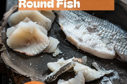 A vibrant photo showing a round fish being scaled, gutted, and cleaned on a chopping board, with a sharp knife nearby. The background is a dark, black wooden texture surface. This image demonstrates fish cleaning techniques.