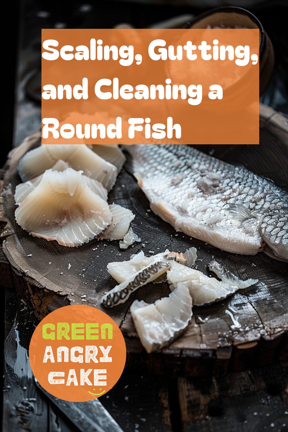 A vibrant photo showing a round fish being scaled, gutted, and cleaned on a chopping board, with a sharp knife nearby. The background is a dark, black wooden texture surface. This image demonstrates fish cleaning techniques.