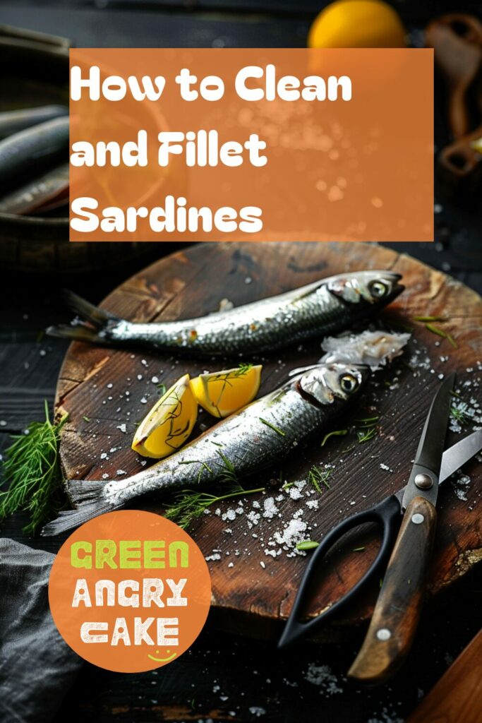 A vibrant photo showing a sardine being cleaned and filleted on a chopping board, with a sharp knife and scissors nearby. The background is a dark, black wooden texture surface. This image demonstrates sardine cleaning techniques.