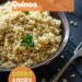 A vibrant photo showing a pan with perfectly cooked quinoa, fluffy and seasoned, with a fork nearby. The background is a dark, black wooden texture surface. This image demonstrates quinoa cooking techniques.