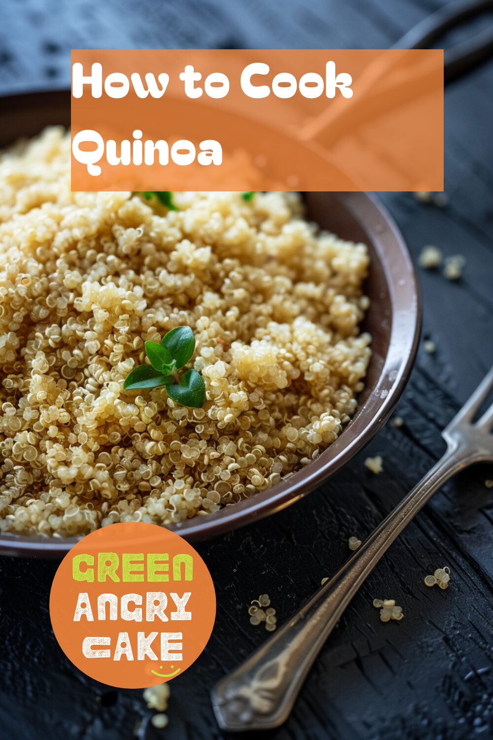 A vibrant photo showing a pan with perfectly cooked quinoa, fluffy and seasoned, with a fork nearby. The background is a dark, black wooden texture surface. This image demonstrates quinoa cooking techniques.