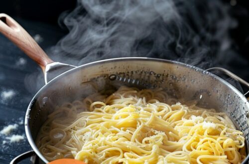 A vibrant photo showing a large pot of perfectly cooked pasta being drained in a colander, with steam rising and a wooden spoon nearby. The background is a dark, black wooden texture surface. This image demonstrates pasta cooking techniques.