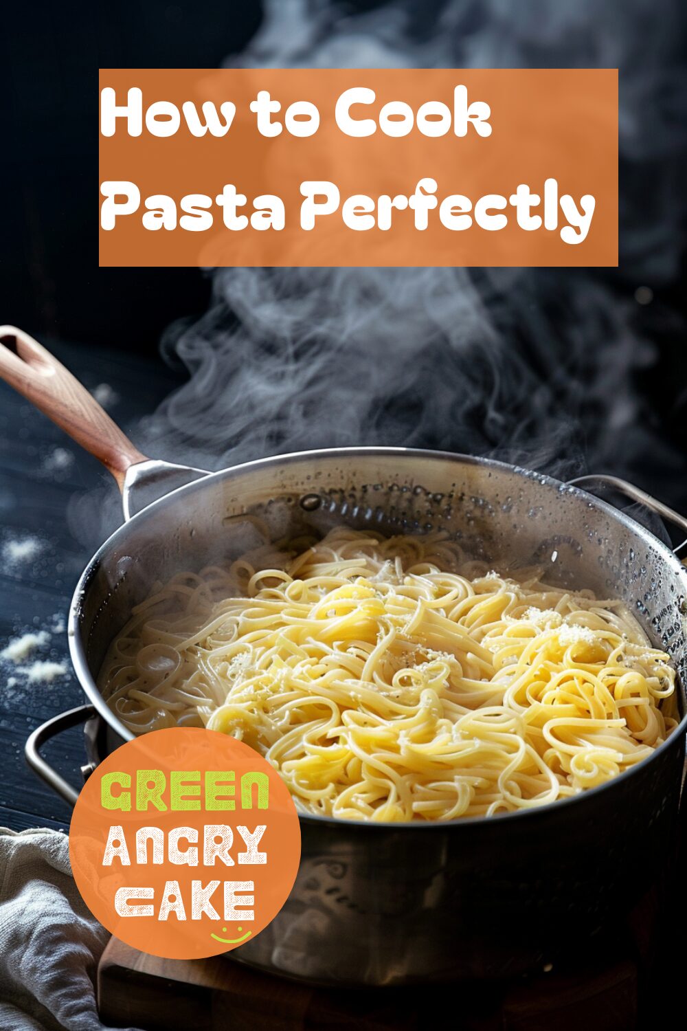 A vibrant photo showing a large pot of perfectly cooked pasta being drained in a colander, with steam rising and a wooden spoon nearby. The background is a dark, black wooden texture surface. This image demonstrates pasta cooking techniques.