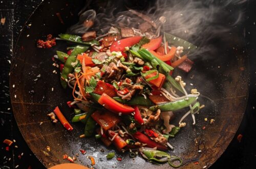 A vibrant photo showing a stir-fry being cooked in a wok, with colorful vegetables, meat, and noodles being tossed. The background is a dark, black wooden texture surface. This image demonstrates stir-fry cooking techniques.