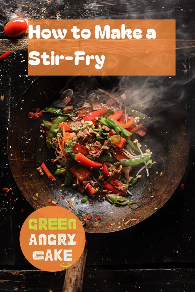 A vibrant photo showing a stir-fry being cooked in a wok, with colorful vegetables, meat, and noodles being tossed. The background is a dark, black wooden texture surface. This image demonstrates stir-fry cooking techniques.