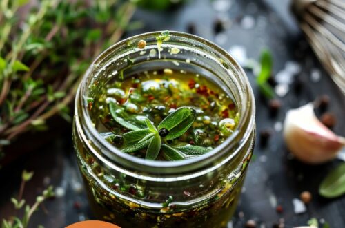 A vibrant photo showing a clean jam jar filled with a freshly made vinaigrette, surrounded by herbs, garlic, and a whisk. The background is a dark, black wooden texture surface. This image demonstrates salad dressing techniques.