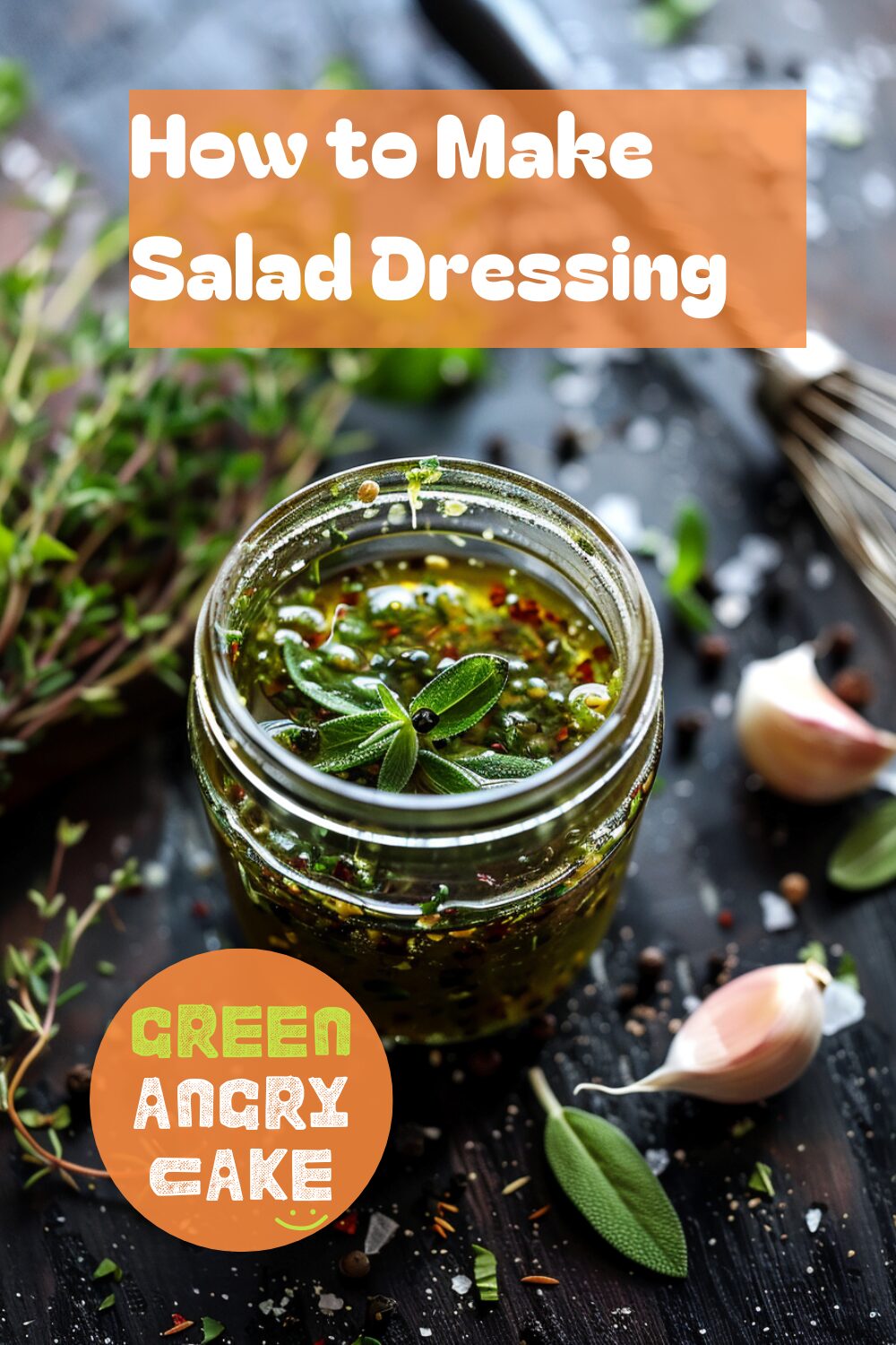 A vibrant photo showing a clean jam jar filled with a freshly made vinaigrette, surrounded by herbs, garlic, and a whisk. The background is a dark, black wooden texture surface. This image demonstrates salad dressing techniques.