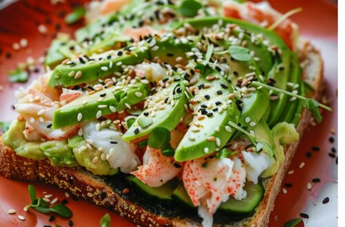 A slice of California roll avocado toast with avocado, crab, cucumber, seaweed, and sesame seeds on a [blue/orange/green/yellow/red] plate on a dark, black wooden texture surface.