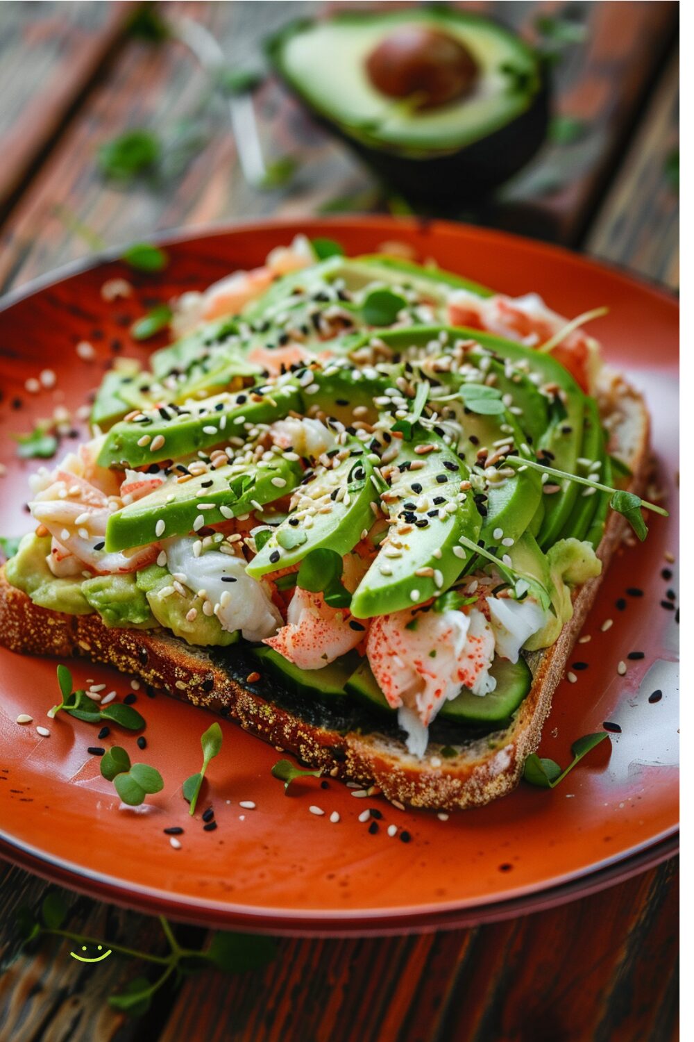 A slice of California roll avocado toast with avocado, crab, cucumber, seaweed, and sesame seeds on a [blue/orange/green/yellow/red] plate on a dark, black wooden texture surface.