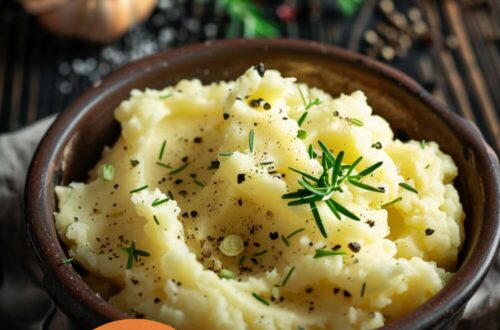 A vibrant photo showing creamy mashed potatoes in a serving dish, garnished with a pat of melting butter and fresh herbs. The background is a dark, black wooden texture surface. This image demonstrates mashed potato techniques.