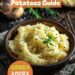 A vibrant photo showing creamy mashed potatoes in a serving dish, garnished with a pat of melting butter and fresh herbs. The background is a dark, black wooden texture surface. This image demonstrates mashed potato techniques.