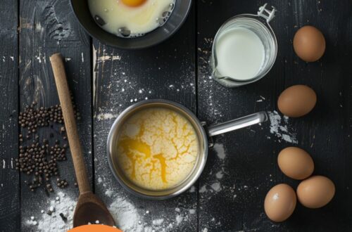 Image of the ingredients for making custard: milk, vanilla pod, egg yolks, sugar, and cornflour.