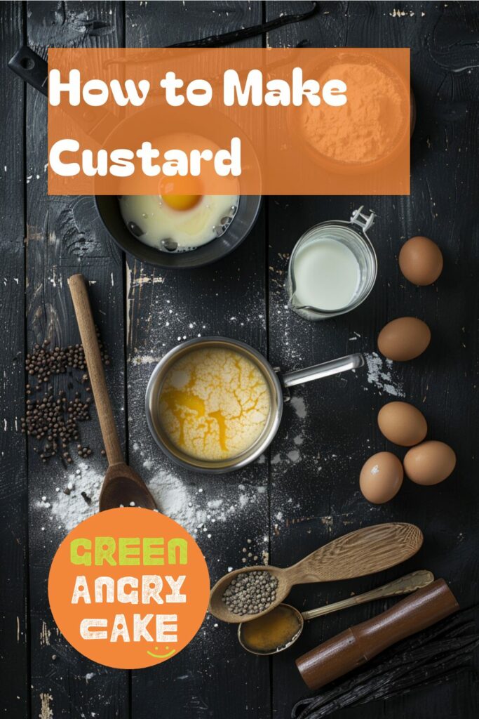 Image of the ingredients for making custard: milk, vanilla pod, egg yolks, sugar, and cornflour.