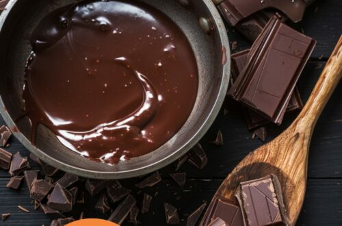 medium-sized saucepan filled a quarter full with boiling water, a heatproof bowl placed on top, a wooden spoon, and small, even pieces of chocolate in the bowl