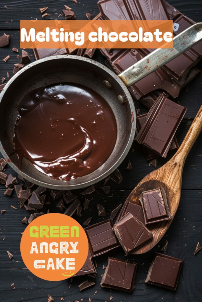 medium-sized saucepan filled a quarter full with boiling water, a heatproof bowl placed on top, a wooden spoon, and small, even pieces of chocolate in the bowl