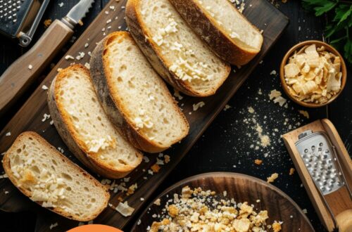 Top-down view of equipment and ingredients needed for making breadcrumbs. Includes a bread board with slices of bread, a bread knife, a baking tray with bread slices, a box grater, and a bowl with breadcrumbs. The background is a dark, black wooden texture surface.