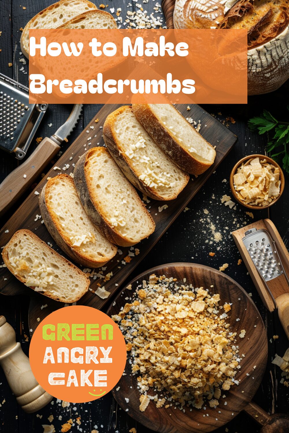 Top-down view of equipment and ingredients needed for making breadcrumbs. Includes a bread board with slices of bread, a bread knife, a baking tray with bread slices, a box grater, and a bowl with breadcrumbs. The background is a dark, black wooden texture surface.