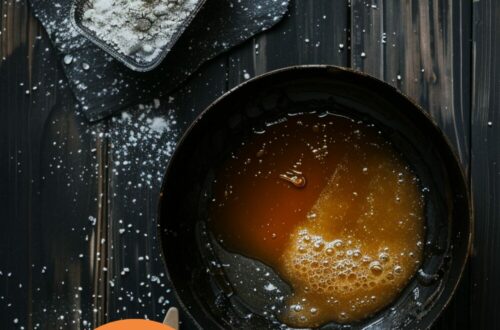 Top-down view of a heavy-based saucepan with golden-brown caramel inside, accompanied by a pastry brush dipped in water and a baking tray lined with non-stick baking parchment. The background is a dark, black wooden texture surface.