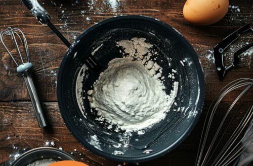 Top-down view of a kitchen counter with an electric mixer, sugar thermometer, saucepan with sugar and water, and a bowl with egg whites on a dark wood surface.