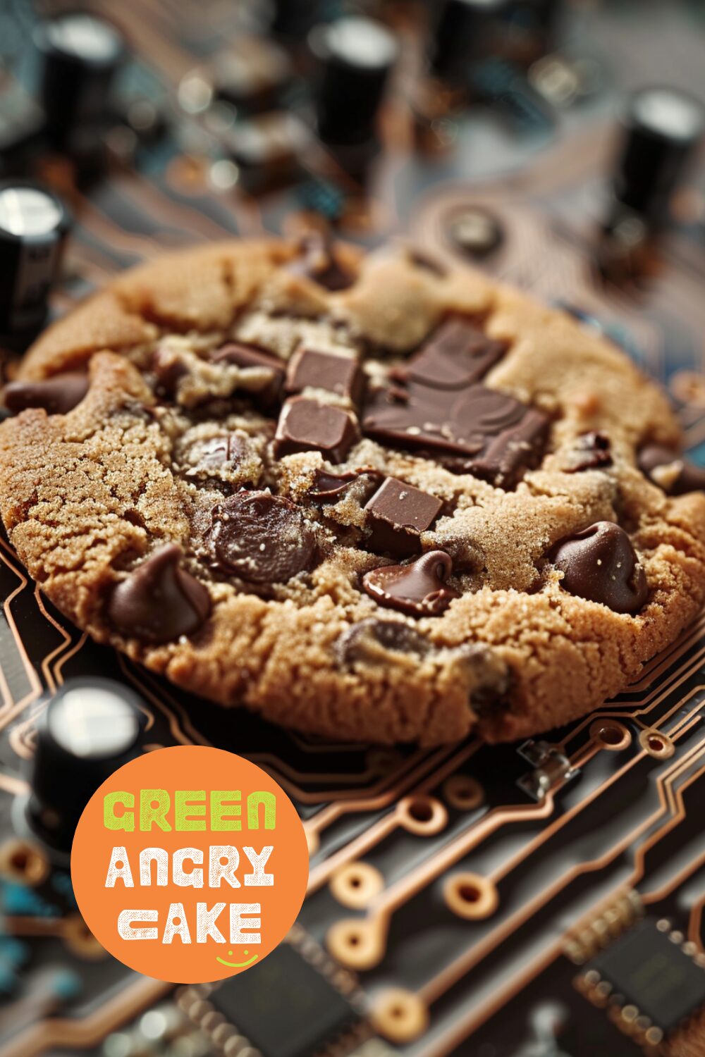 A close-up of a computer chip with a realistic chocolate chip cookie placed on top. The cookie has visible chocolate chunks, and the computer chip is detailed with intricate circuits and components. The background is blurred, keeping the focus on the cookie and the chip, with natural and soft lighting highlighting their textures