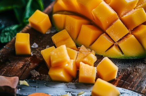 A vibrant photo showing mango preparation techniques, with a mango being cut into cubes using the hedgehog method on a chopping board. The background is a dark, black wooden texture surface.