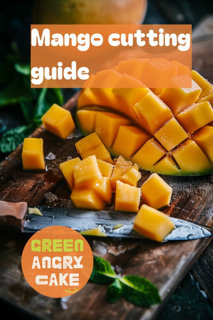 A vibrant photo showing mango preparation techniques, with a mango being cut into cubes using the hedgehog method on a chopping board. The background is a dark, black wooden texture surface.