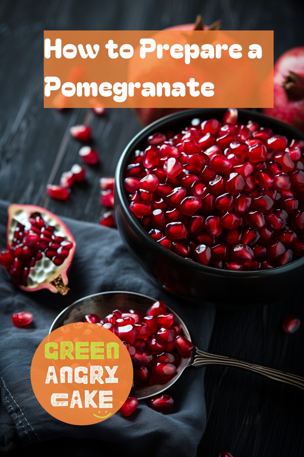 A vibrant photo showing freshly extracted pomegranate seeds in a bowl, with a halved pomegranate and a spoon nearby. The background is a dark, black wooden texture surface. This image demonstrates pomegranate preparation techniques.