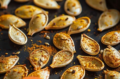 A vibrant photo showing golden, roasted pumpkin seeds on a baking tray, sprinkled with seasoning. The background is a dark, black wooden texture surface. This image demonstrates pumpkin seed roasting techniques.