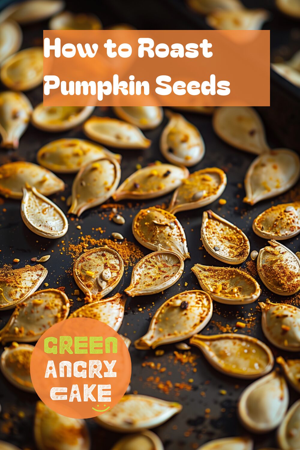 A vibrant photo showing golden, roasted pumpkin seeds on a baking tray, sprinkled with seasoning. The background is a dark, black wooden texture surface. This image demonstrates pumpkin seed roasting techniques.