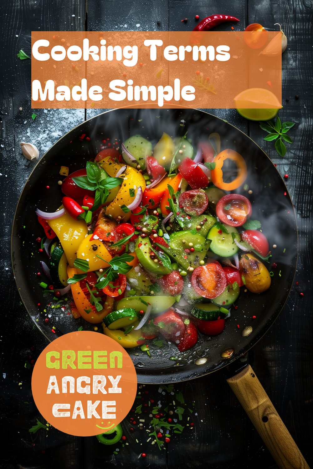 A vibrant photo showing a kitchen countertop with an open cookbook, a whisk, and a bowl of ingredients, demonstrating various cooking terms and techniques. The background is a dark, black wooden texture surface. This image illustrates cooking terminology.